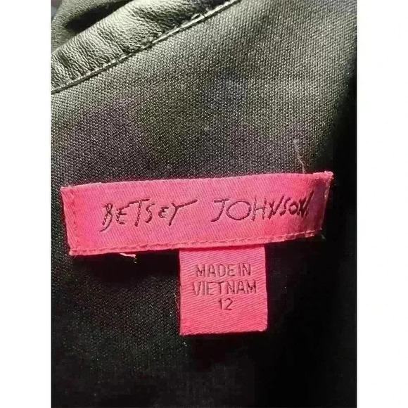 Betsey Johnson Women's Black Sheath Dress Faux Leather Trim Size 12 Knee Length - Picture 9 of 12